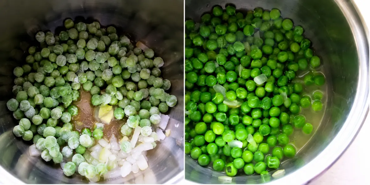 Baby peas and chopped onion simmering with olive oil in a saucepan.