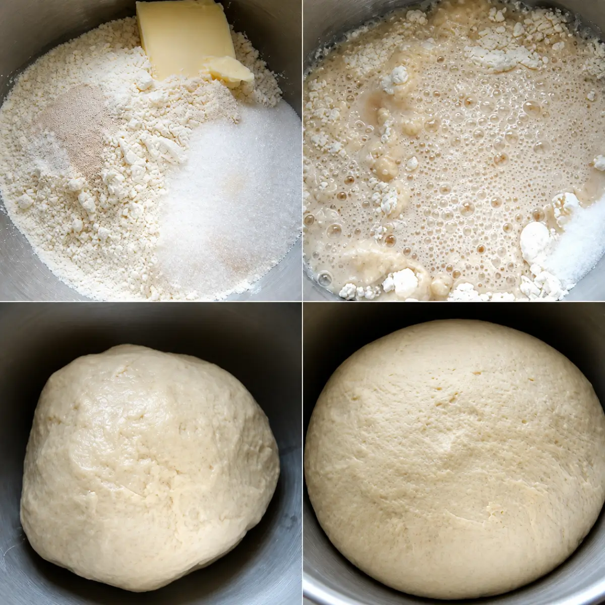 Yeast dough being mixed and left to rise until soft and doubled in size.