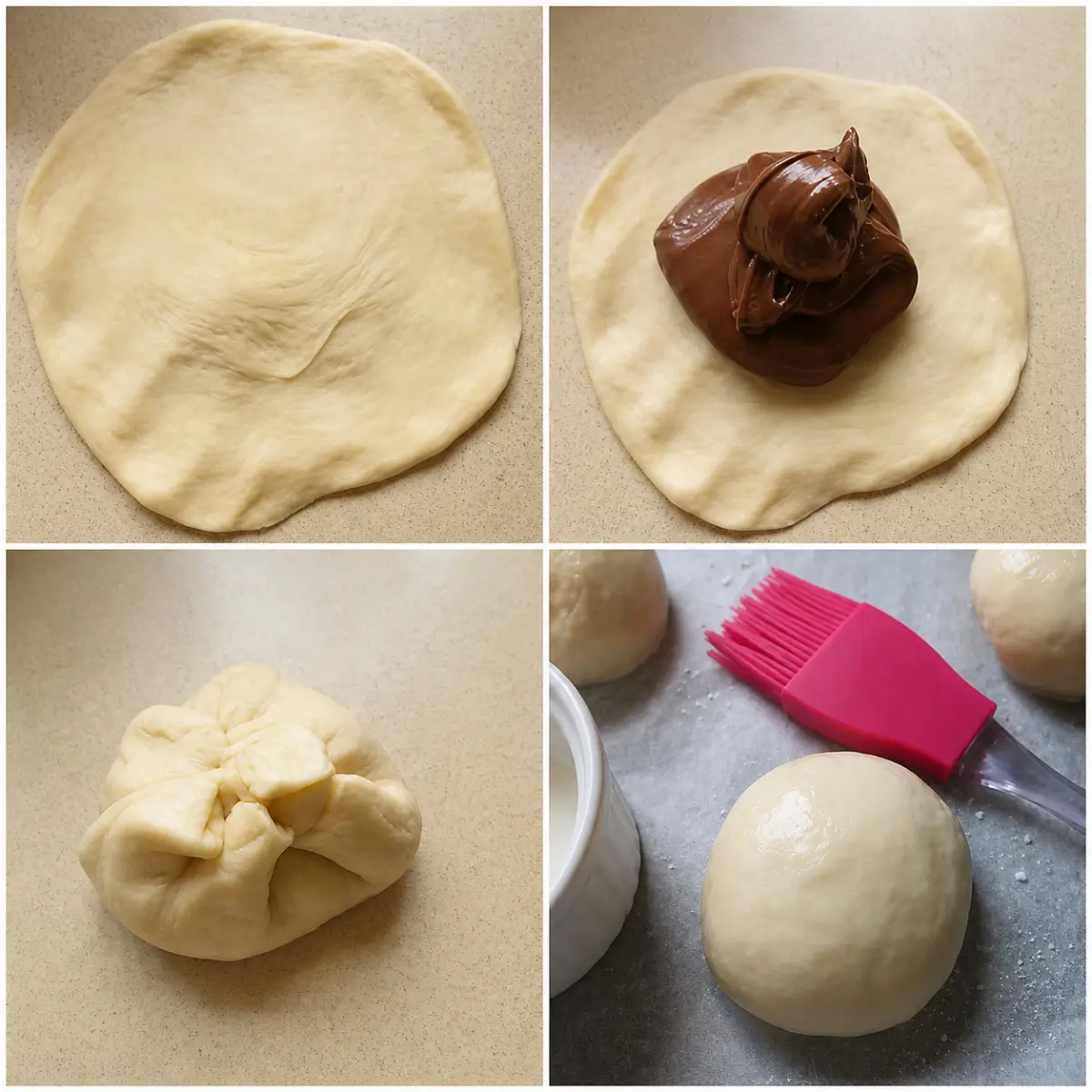 Dough rounds being filled with Nutella, sealed into buns, and brushed with milk before baking.