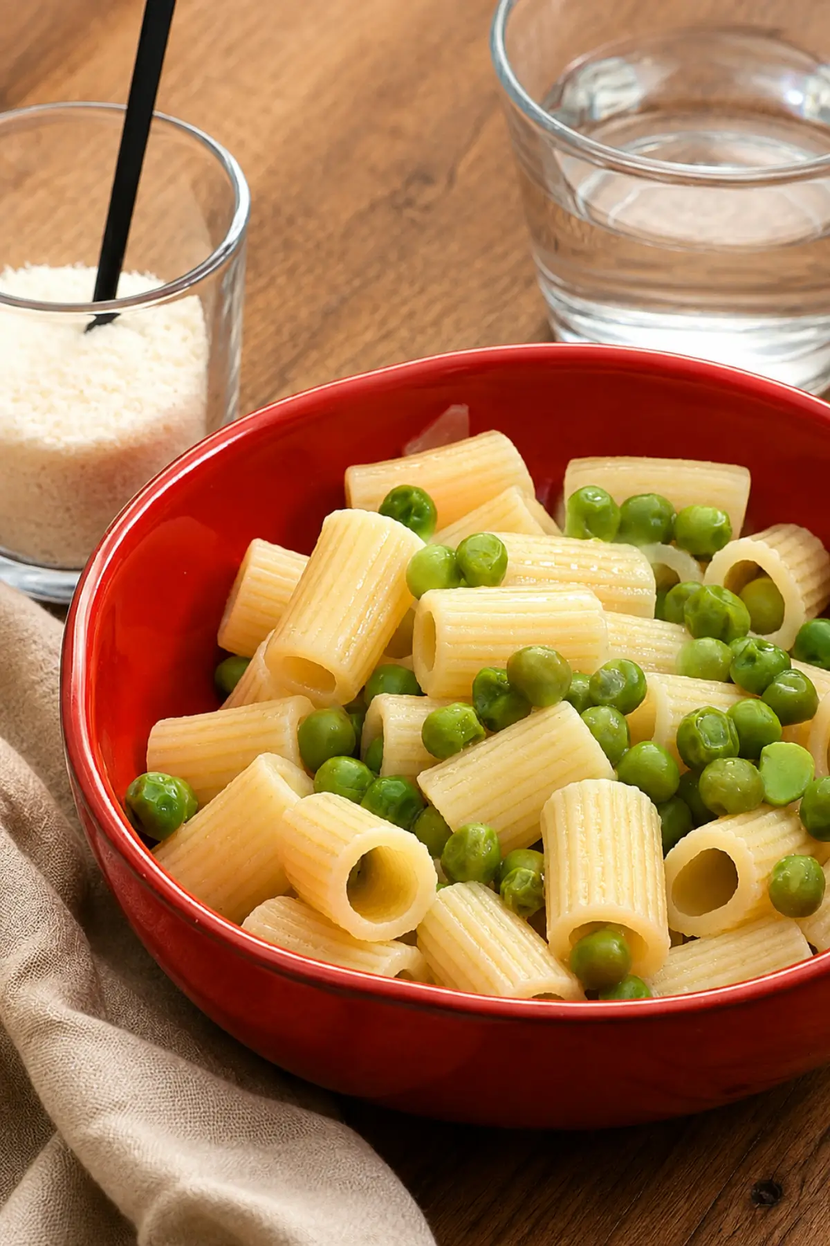 Close-up of short tube pasta with tender green peas in a red serving bowl.