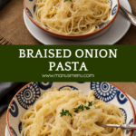 Pasta with braised onions topped with thyme and black pepper in a patterned bowl.