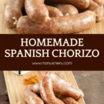 Raw homemade Spanish chorizo arranged on a wooden board.