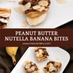 Peanut Butter Nutella Banana Bites topped with honey and toasted almonds on a white plate.