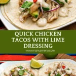 Chicken tacos with lime sour cream dressing, topped with avocado, red onion, and coriander.