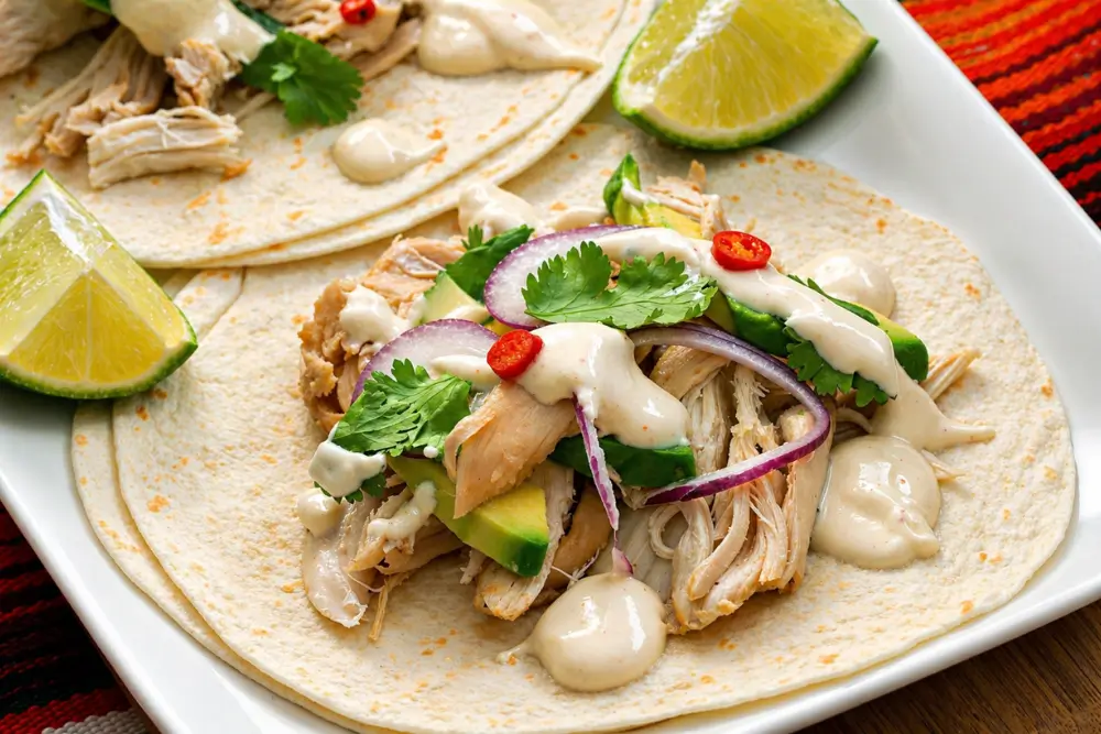 Chicken tacos with lime sour cream dressing, topped with avocado, red onion, and coriander.