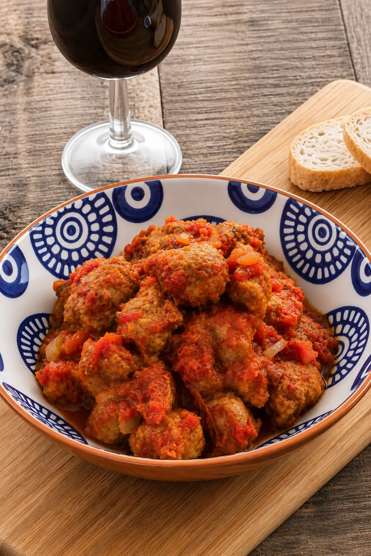 Chorizo en Salsa served in a patterned bowl with tomato sauce and a glass of red wine.