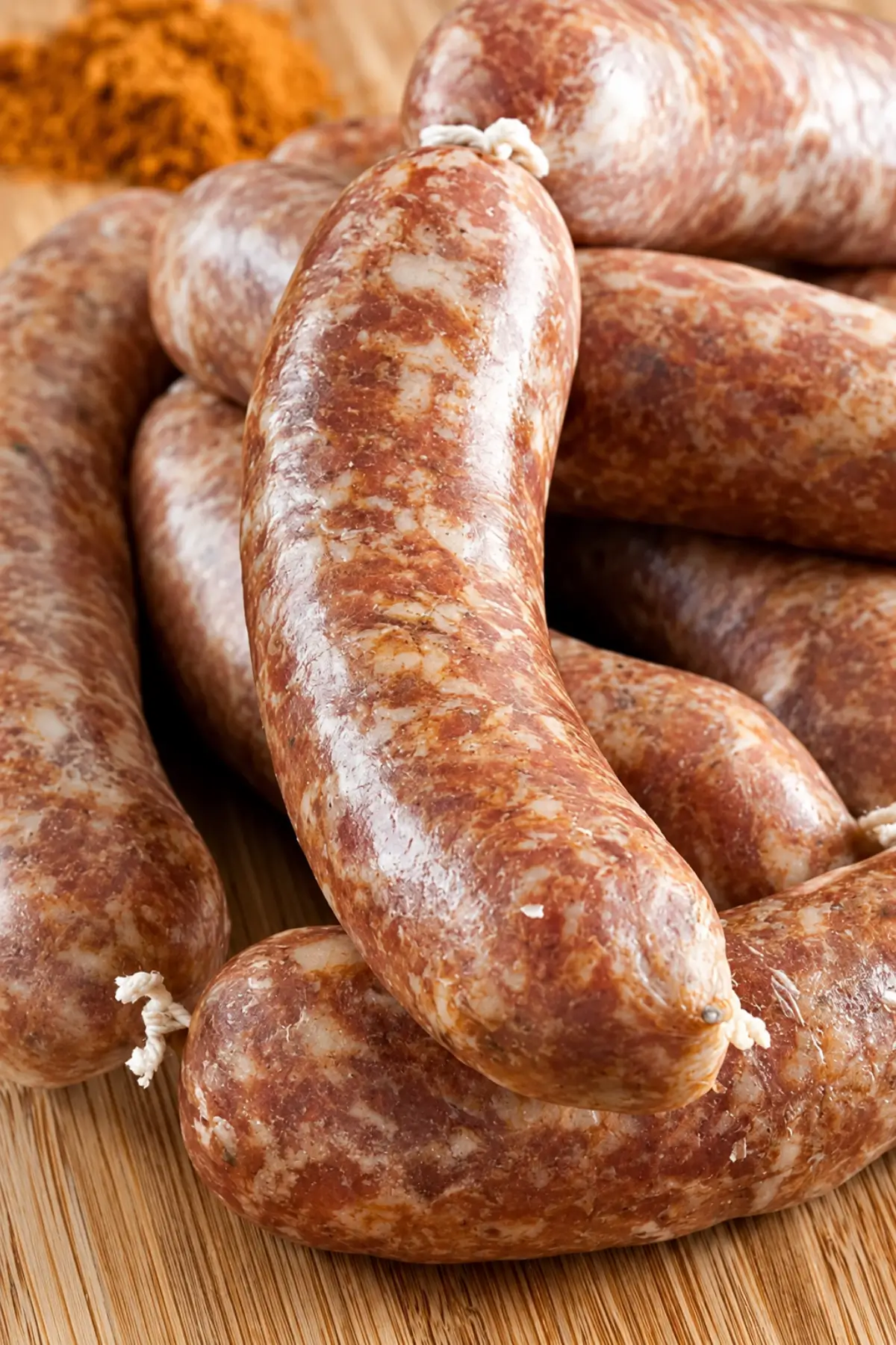 Close-up of Homemade Spanish Chorizo sausages showing the paprika-seasoned pork filling.