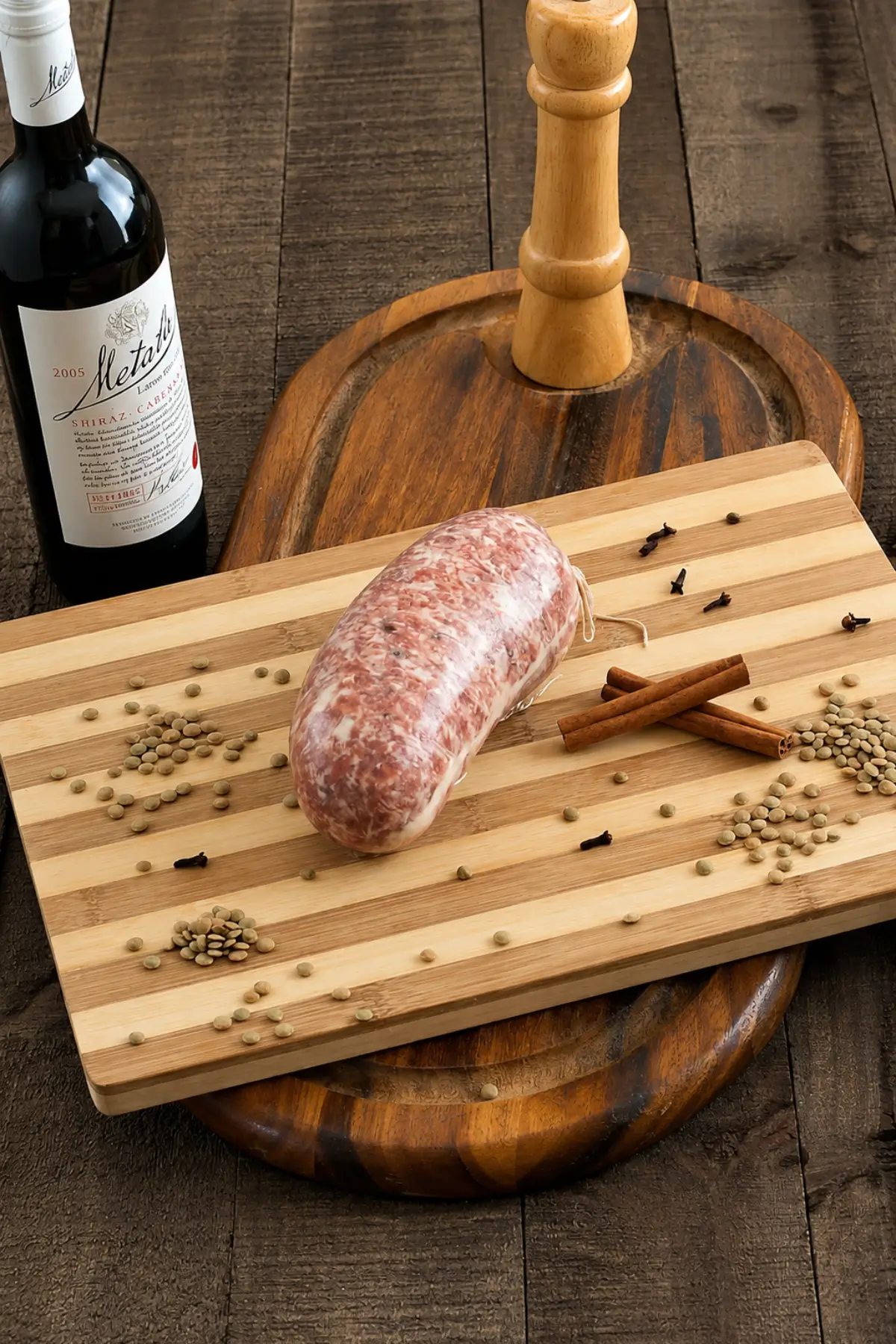 Homemade cotechino sausage on a striped cutting board with lentils, cinnamon sticks, and wine.