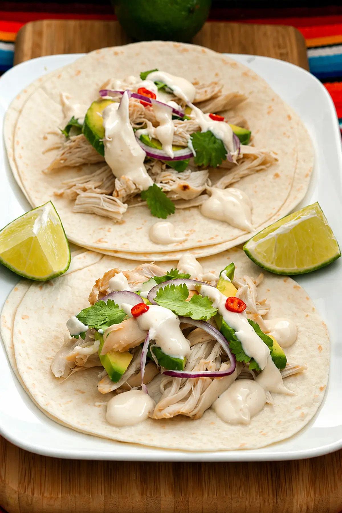 Easy chicken tacos layered with avocado, onion, and a smooth lime dressing.