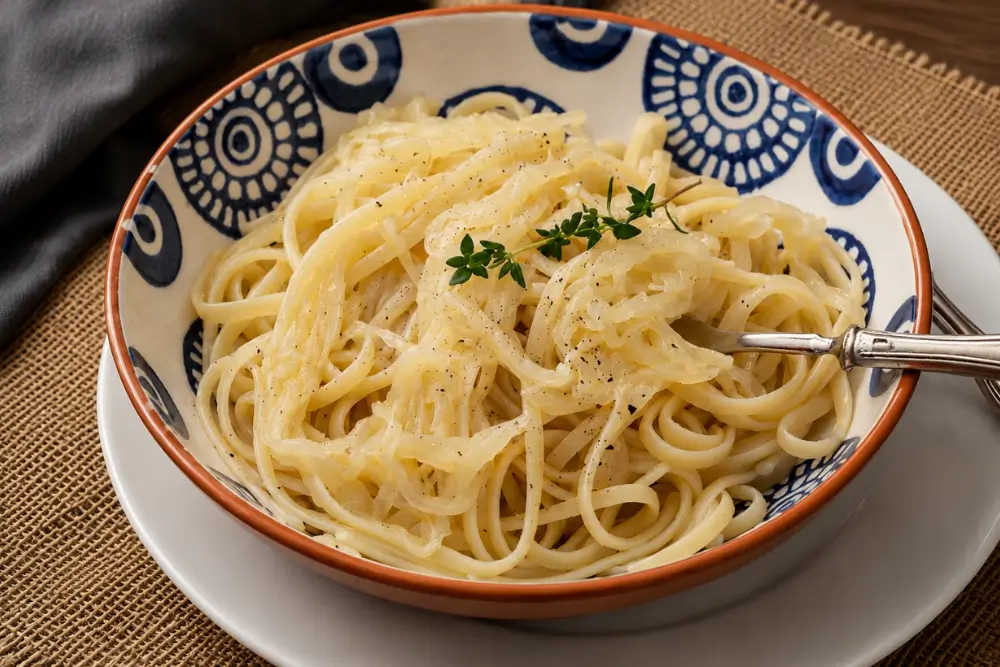 A fork lifting silky braised onions and pasta from a serving bowl.