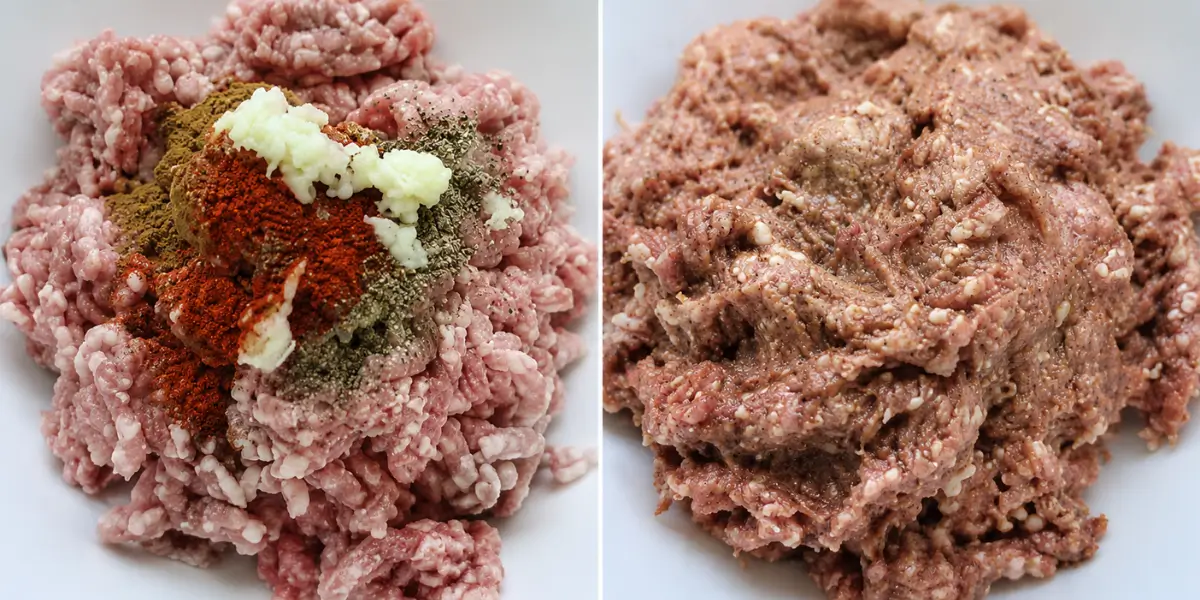 Ground pork with spices and garlic before and after mixing for homemade Spanish chorizo.