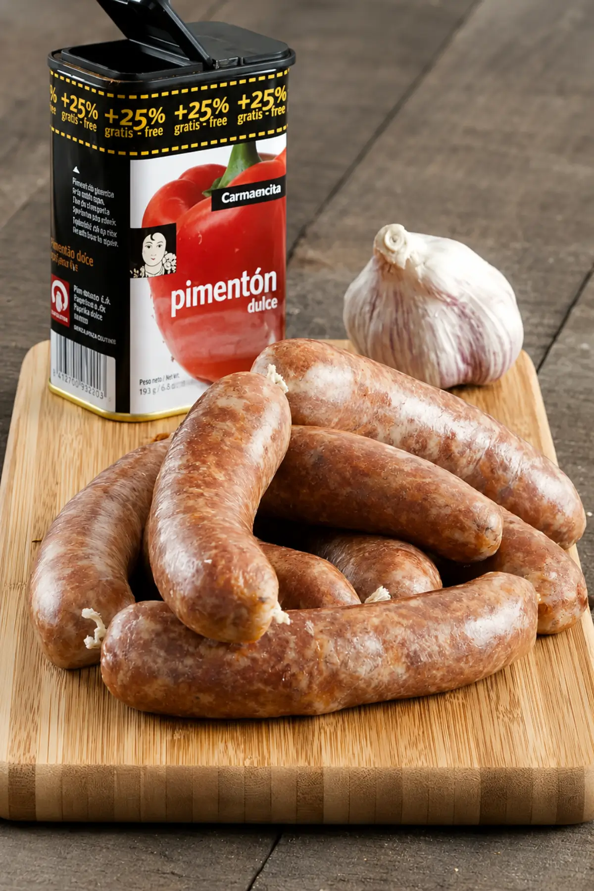 Homemade Spanish Chorizo sausages on a wooden board with pimentón dulce and garlic.