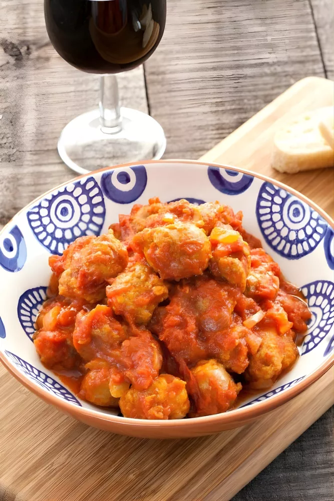 Homemade Spanish Chorizo en Salsa served in a patterned bowl with tomato sauce and a glass of red wine.
