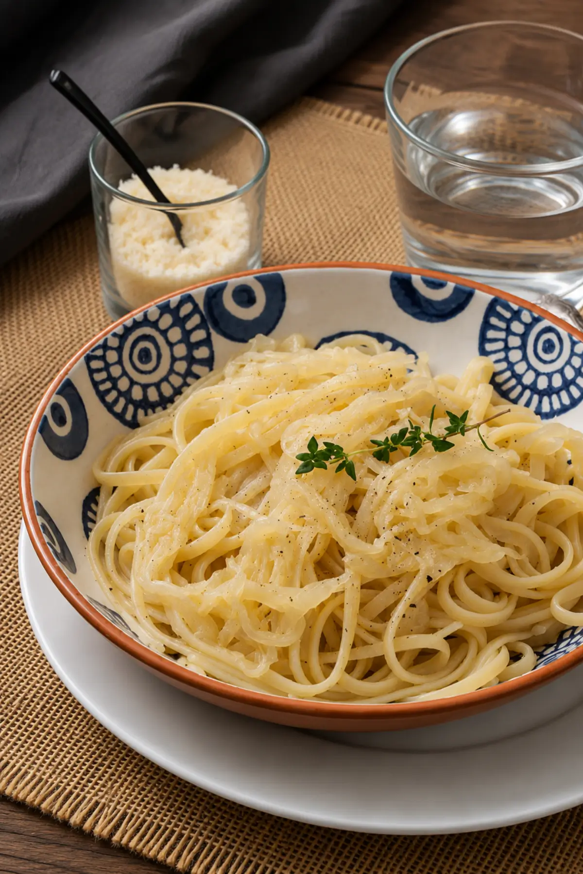 Linguine served with soft braised onions, grated Pecorino Romano and fresh thyme.