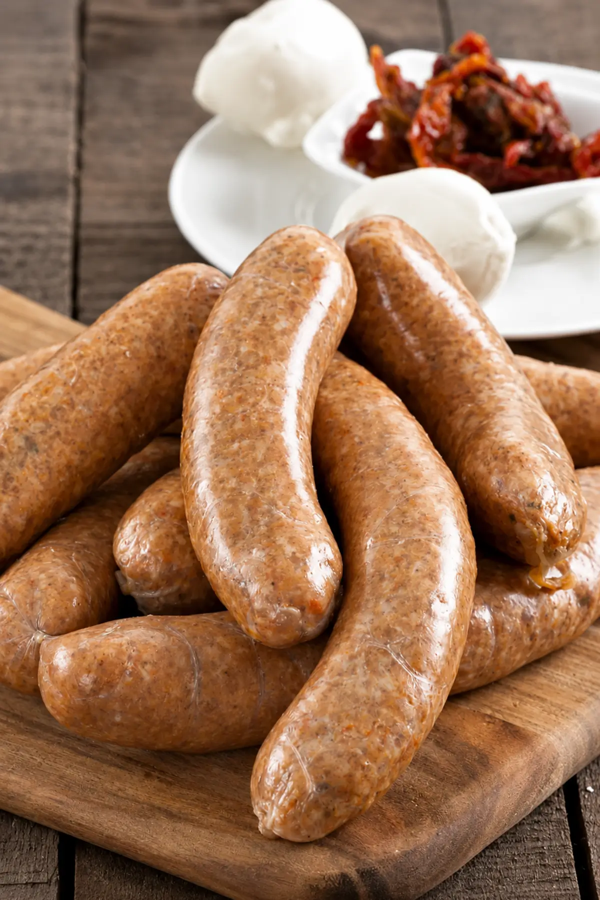 Mozzarella and sun-dried tomato pork sausages on a wooden board with mozzarella and sun-dried tomatoes.
