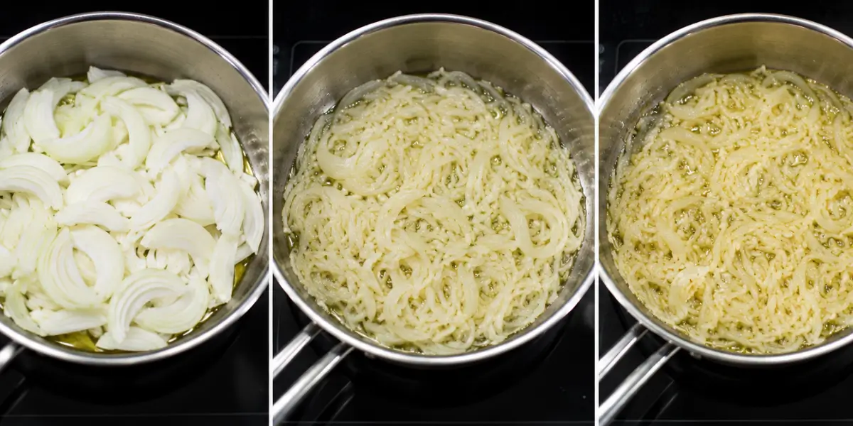 Sliced onions slowly softening in olive oil through the early, middle and final stages of braising in a stainless steel saucepan.