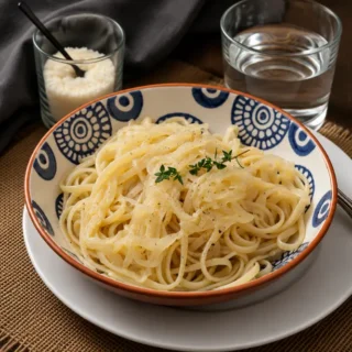 Pasta with braised onions topped with thyme and black pepper in a patterned bowl.