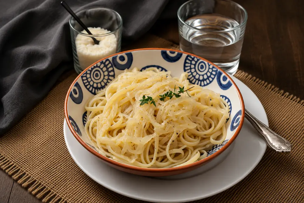 Pasta with braised onions topped with thyme and black pepper in a patterned bowl.