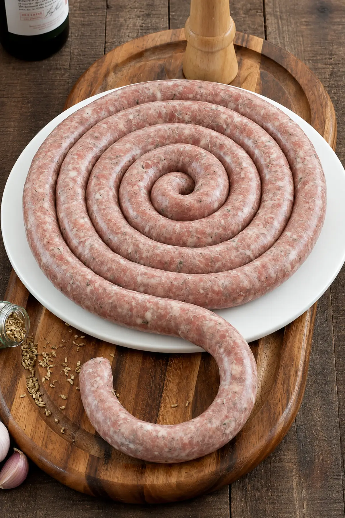 Homemade Sicilian Pork Sausage with Fennel coiled on a white plate with fennel seeds.