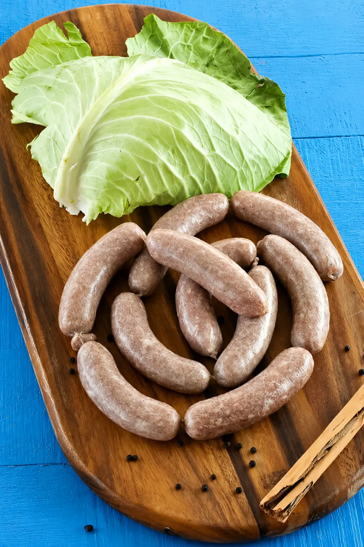 Raw verzini sausages arranged on a wooden serving board with cabbage leaves and cinnamon sticks.