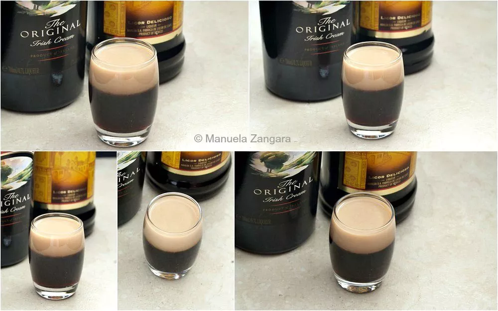 Collage of Baby Guinness shots made with Baileys and Kahlua on a light surface.