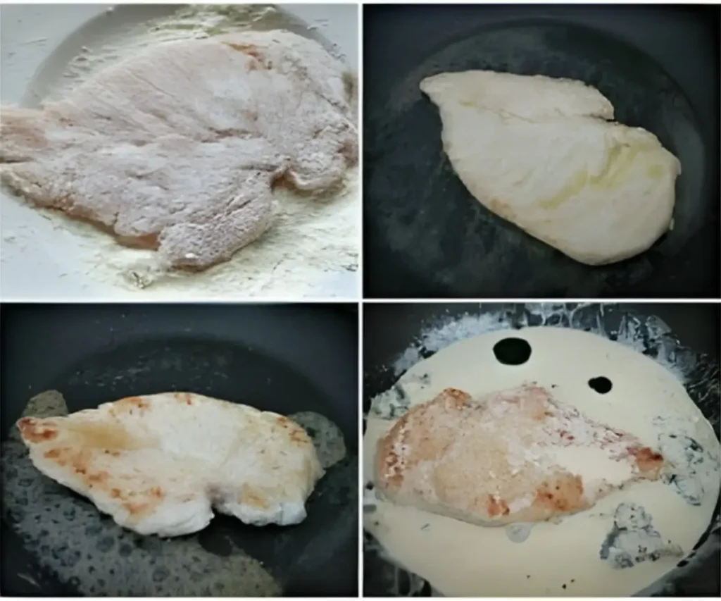 Collage showing chicken dredged in flour, browning in the pan, and simmering in cream with Gorgonzola.