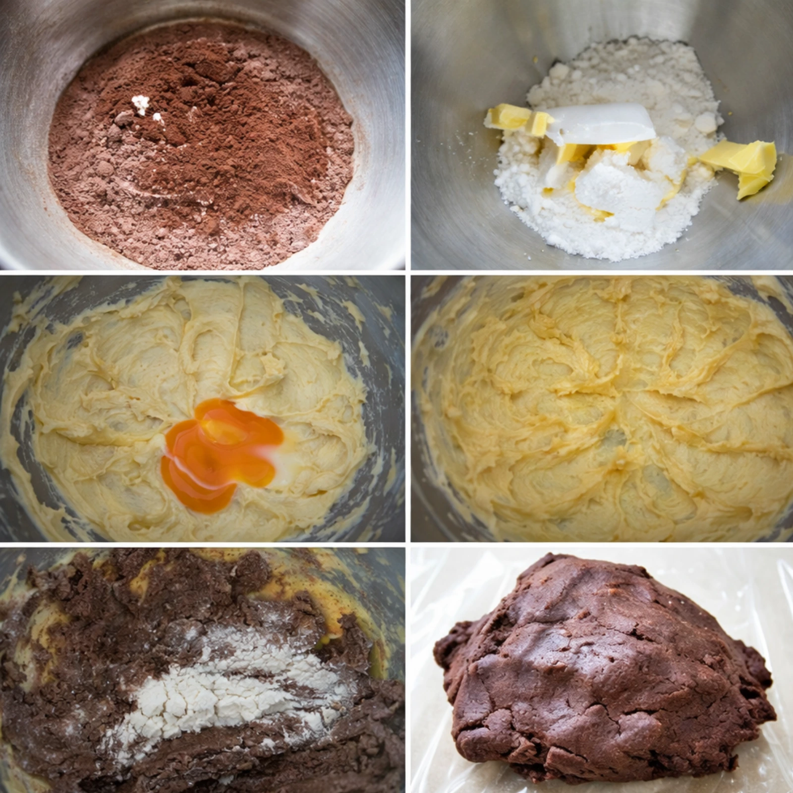 Cocoa powder and dry ingredients combined, butter and sugar creamed, egg yolks added, and chocolate dough mixed until smooth.