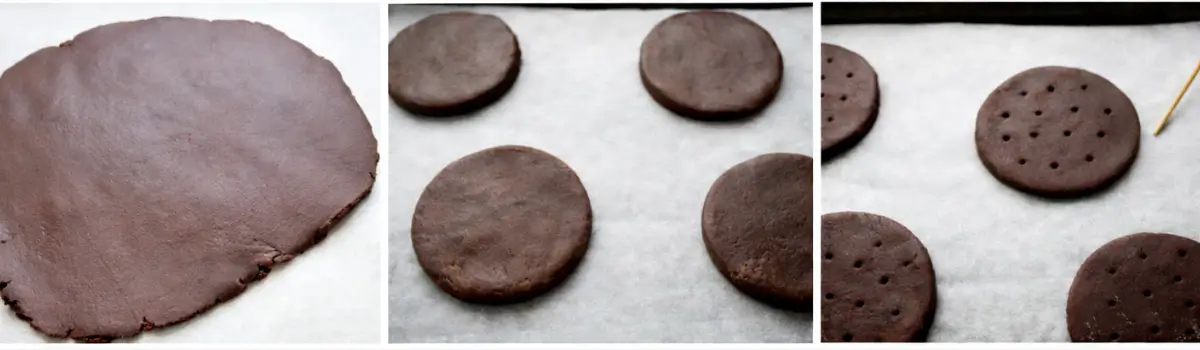 Chocolate dough rolled out, cut into round shapes, and pricked before baking.