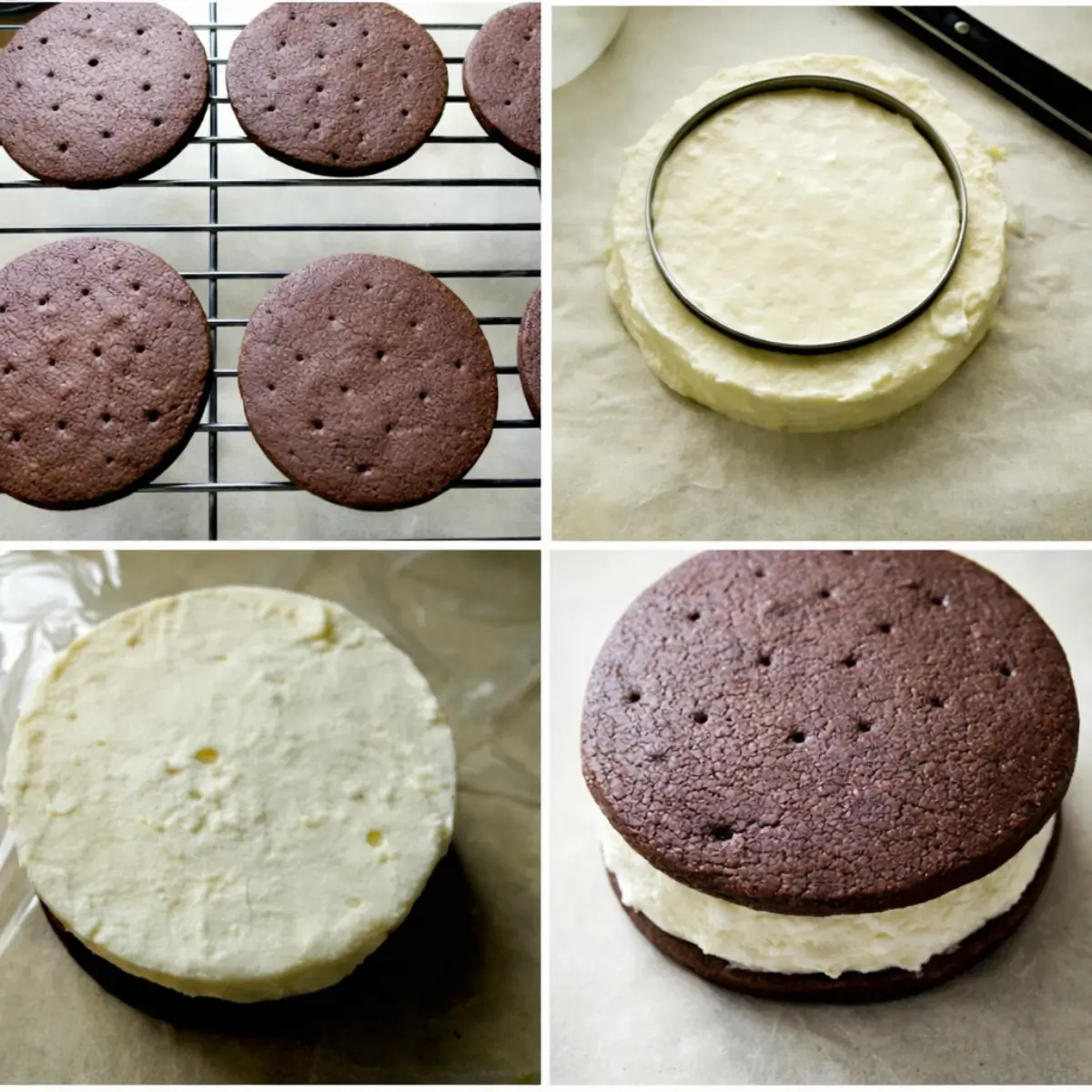 Chocolate cookies cooling on a rack with rounds of vanilla ice cream being cut and assembled.