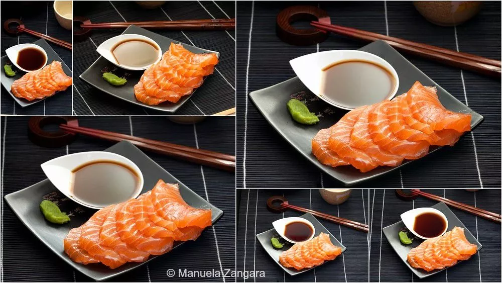 Collage of salmon sashimi served with Ponzu sauce and wasabi on black plates.