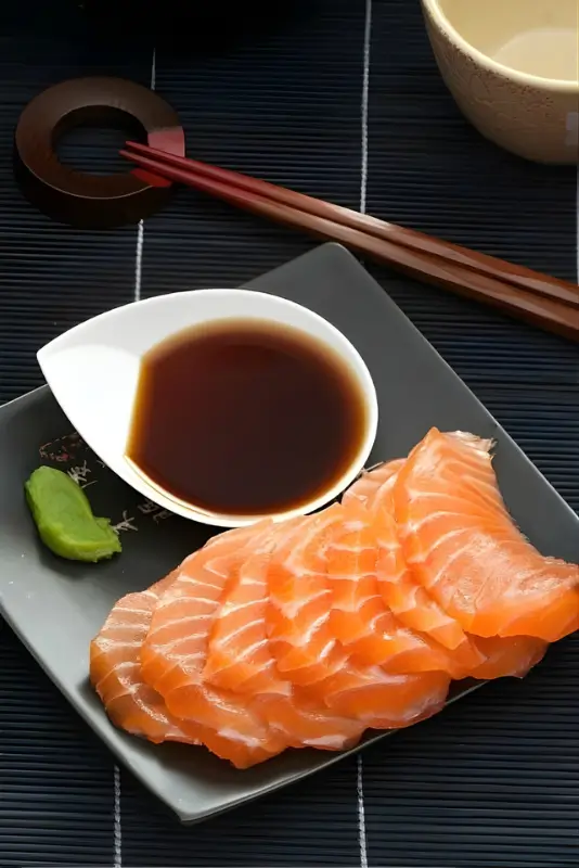 Slices of fresh salmon sashimi served on a plate with ponzu sauce and wasabi.