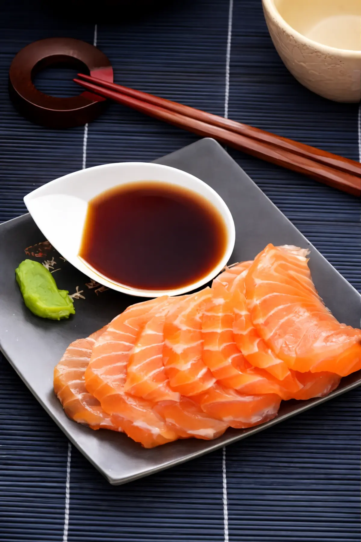 Thinly sliced salmon sashimi arranged on a plate with ponzu sauce.
