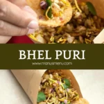 Bhel Puri served in a paper cone with sev, coriander and papdi.