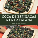 Baked coca topped with spinach, raisins, and pine nuts on a plate.