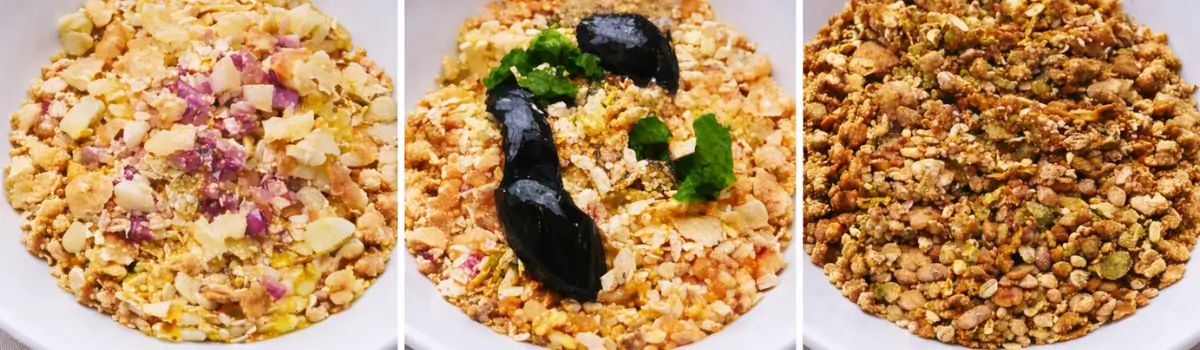 Collage showing puffed rice, chutneys and onions being mixed into a street-style chaat.