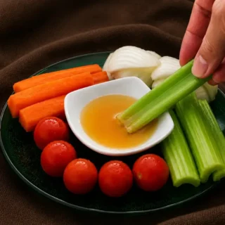 Celery stick being dipped into olive oil vinaigrette beside carrots and cherry tomatoes.