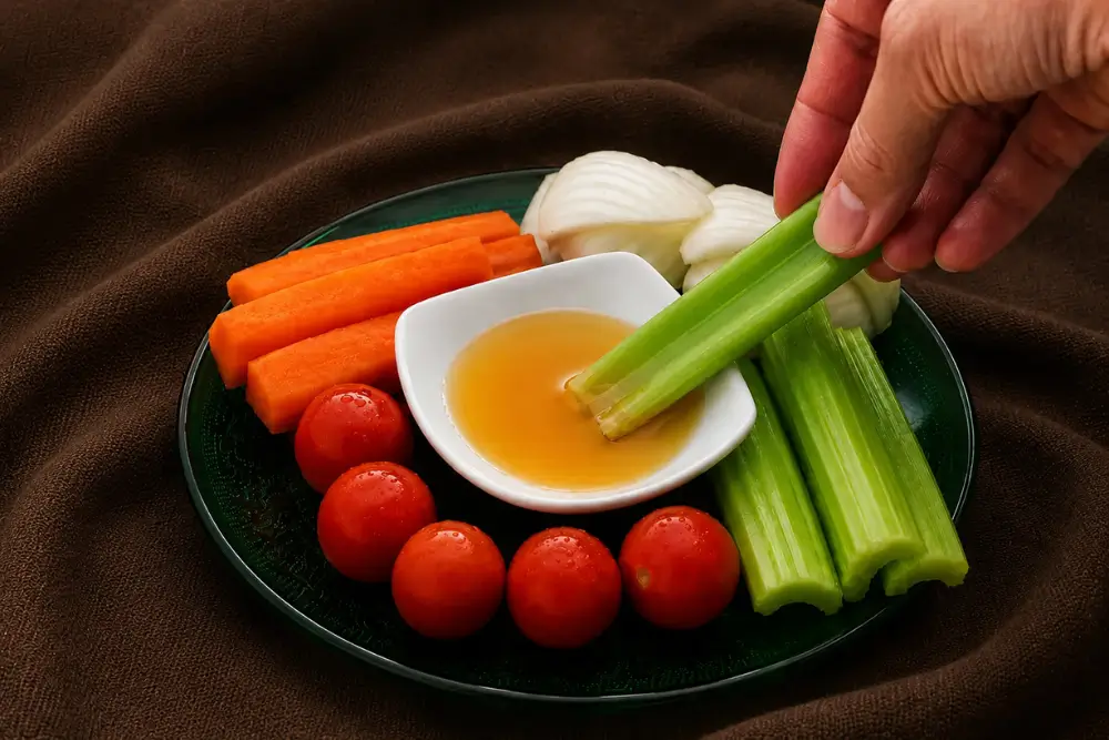 Celery stick being dipped into olive oil vinaigrette beside carrots and cherry tomatoes.
