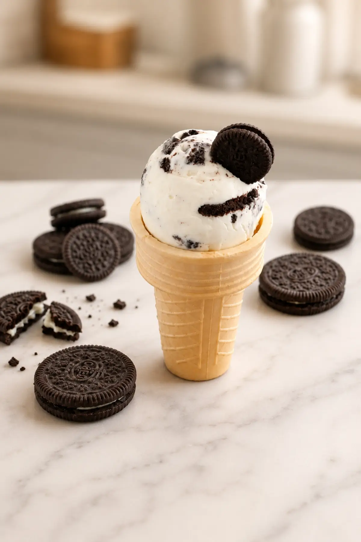 Freshly churned frozen yogurt with Oreo pieces scooped into a crisp waffle cone.