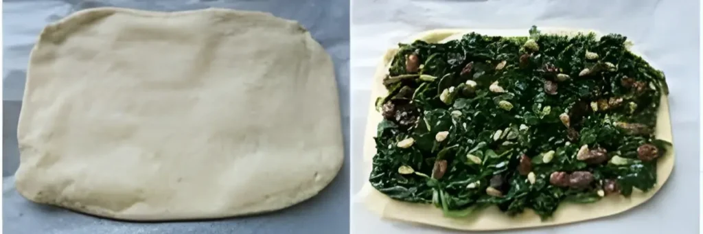 Rolled coca dough shown plain and topped with spinach, raisins, and pine nuts.