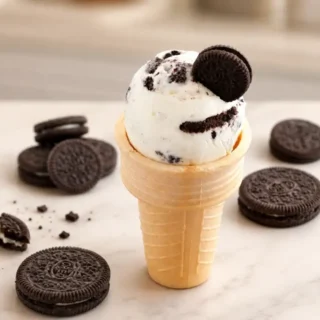 Cookies and Cream Frozen Yogurt served in a waffle cone with Oreo cookies on a marble countertop.
