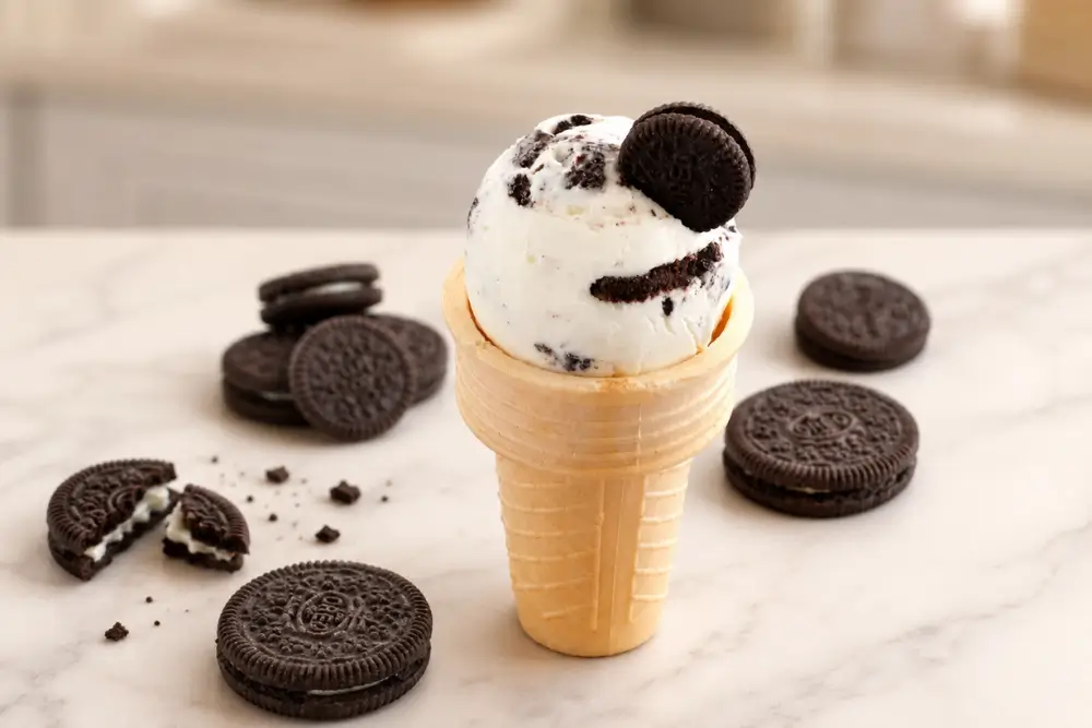 Cookies and Cream Frozen Yogurt served in a waffle cone with Oreo cookies on a marble countertop.