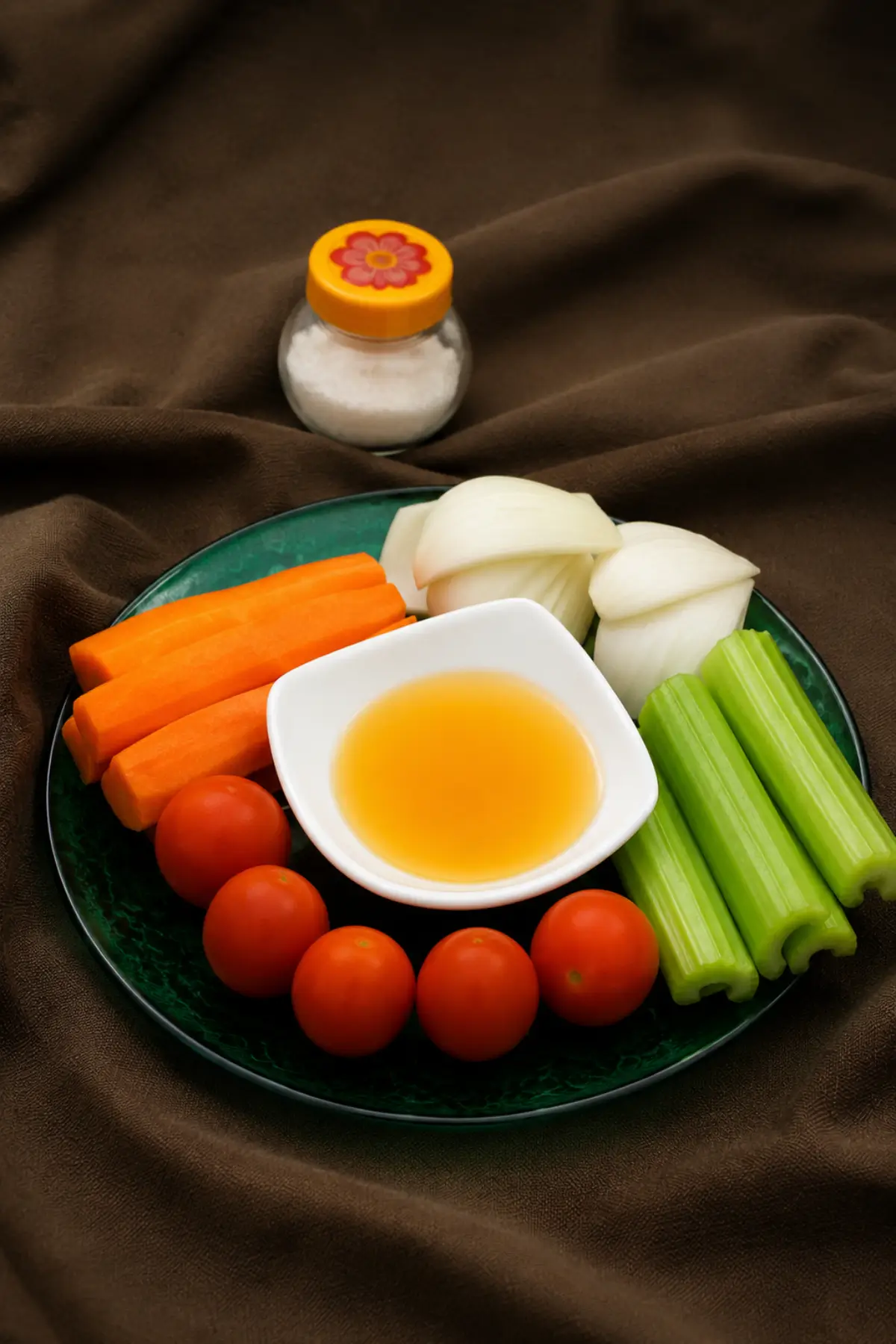 Small glass bowl filled with olive oil and red wine vinegar for Pinzimonio dressing.