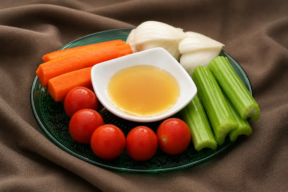 Celery stick being dipped into olive oil vinaigrette beside carrots and cherry tomatoes.