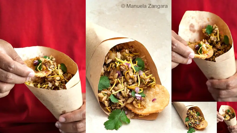 Collage showing street-style puffed rice snack in paper cones with garnish.