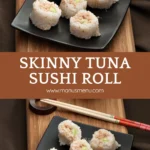 Six tuna sushi roll pieces arranged on a black plate over a wooden board.