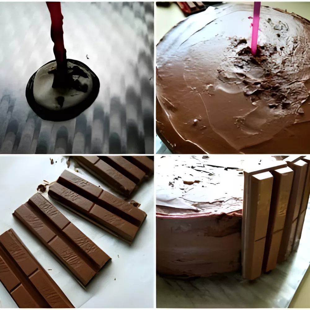 Collage showing the gravity cake setup – melted chocolate base, straw inserted into the cake, cut Kit Kat bars, and assembly around the sides.