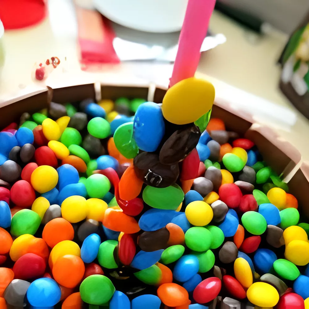 Close-up of M&M’s attached to a balloon stick with melted chocolate for the gravity effect.