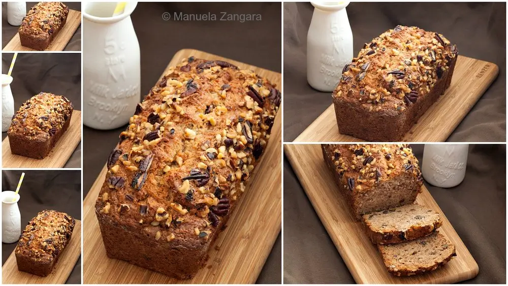 A collage showing whole and sliced Copycat Starbucks Banana Nut Bread on a wooden board beside a milk jar.