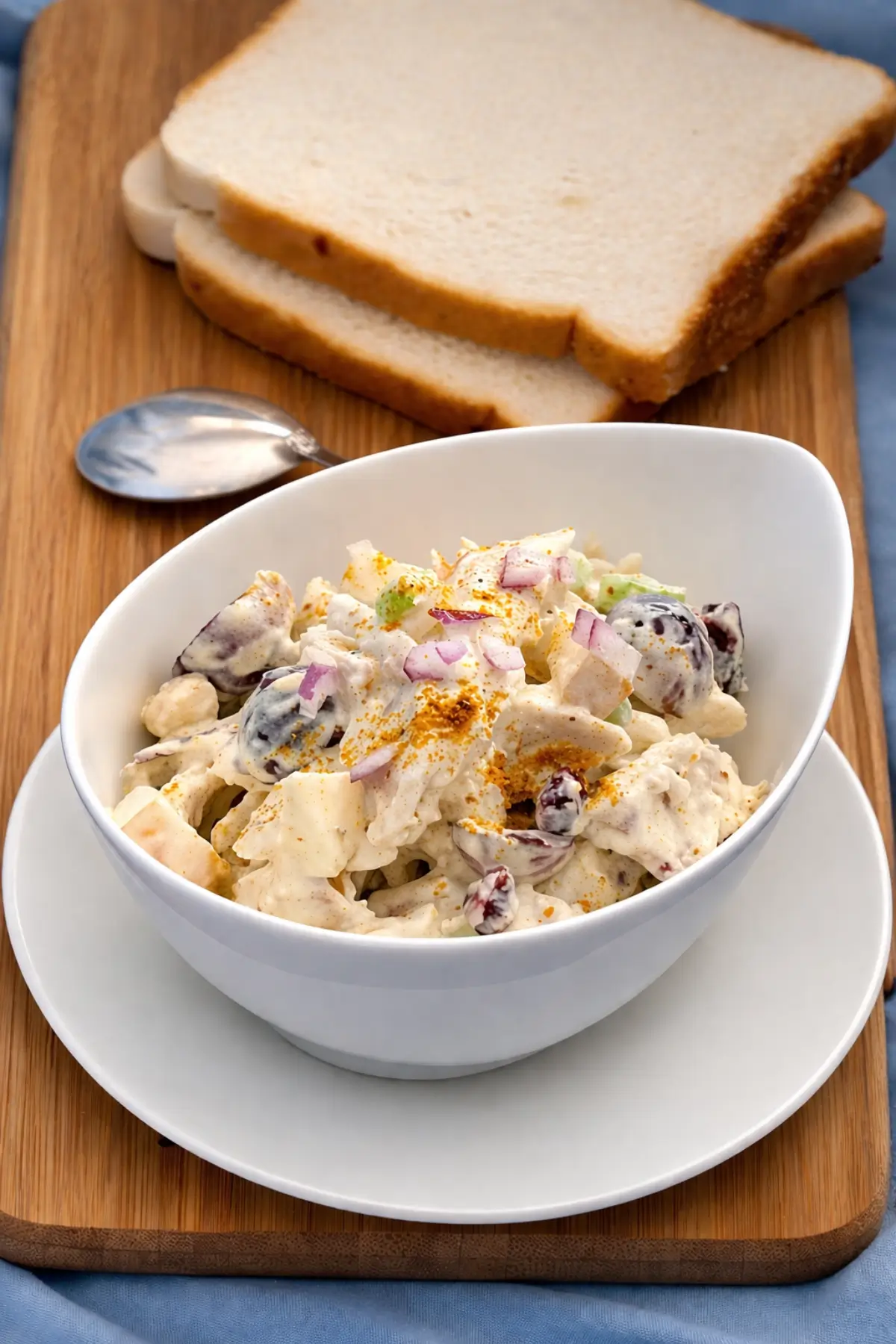 Close-up of chicken salad with chunks of chicken, grapes, and chopped onions coated in a thick dressing.