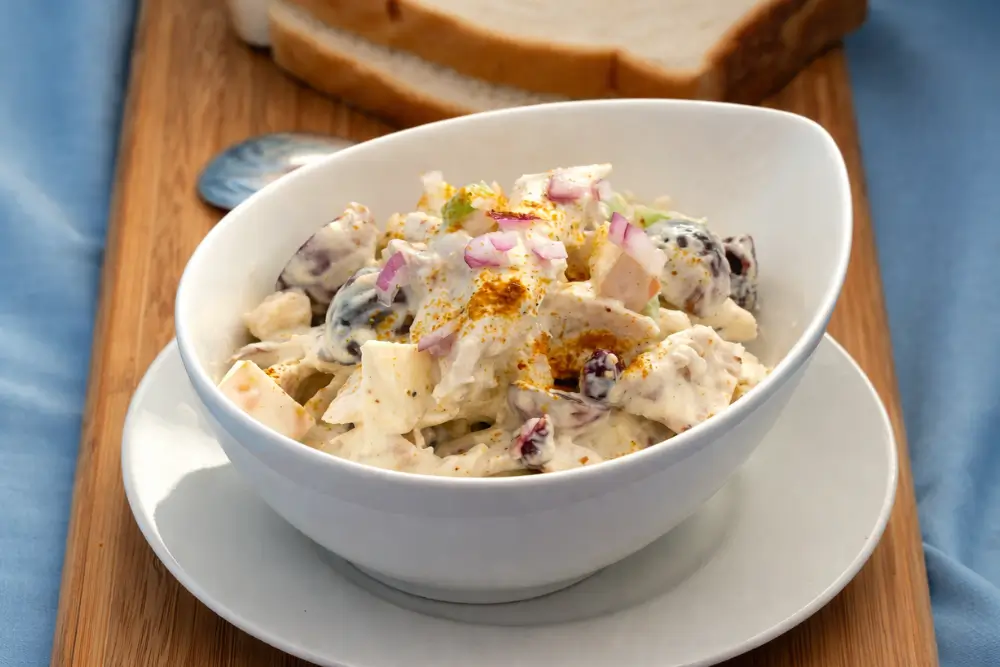 Curried chicken salad served in a white bowl with grapes, apples, and a creamy dressing, topped with a sprinkle of curry powder.